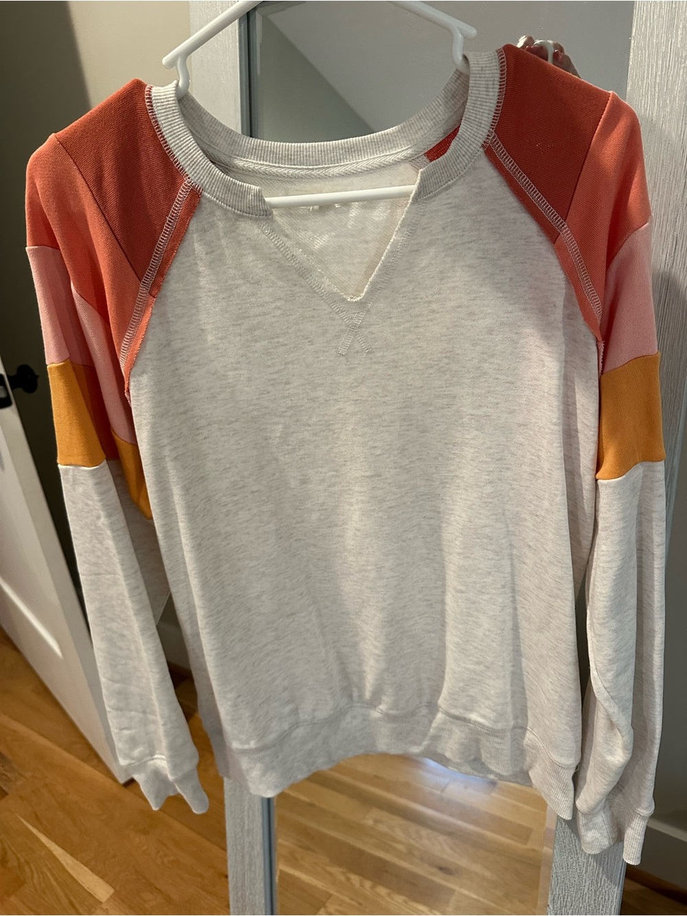 Maurices Cream Pullover Sweatshirt with Coral, Pink & Mustard Colorblock Sleeves